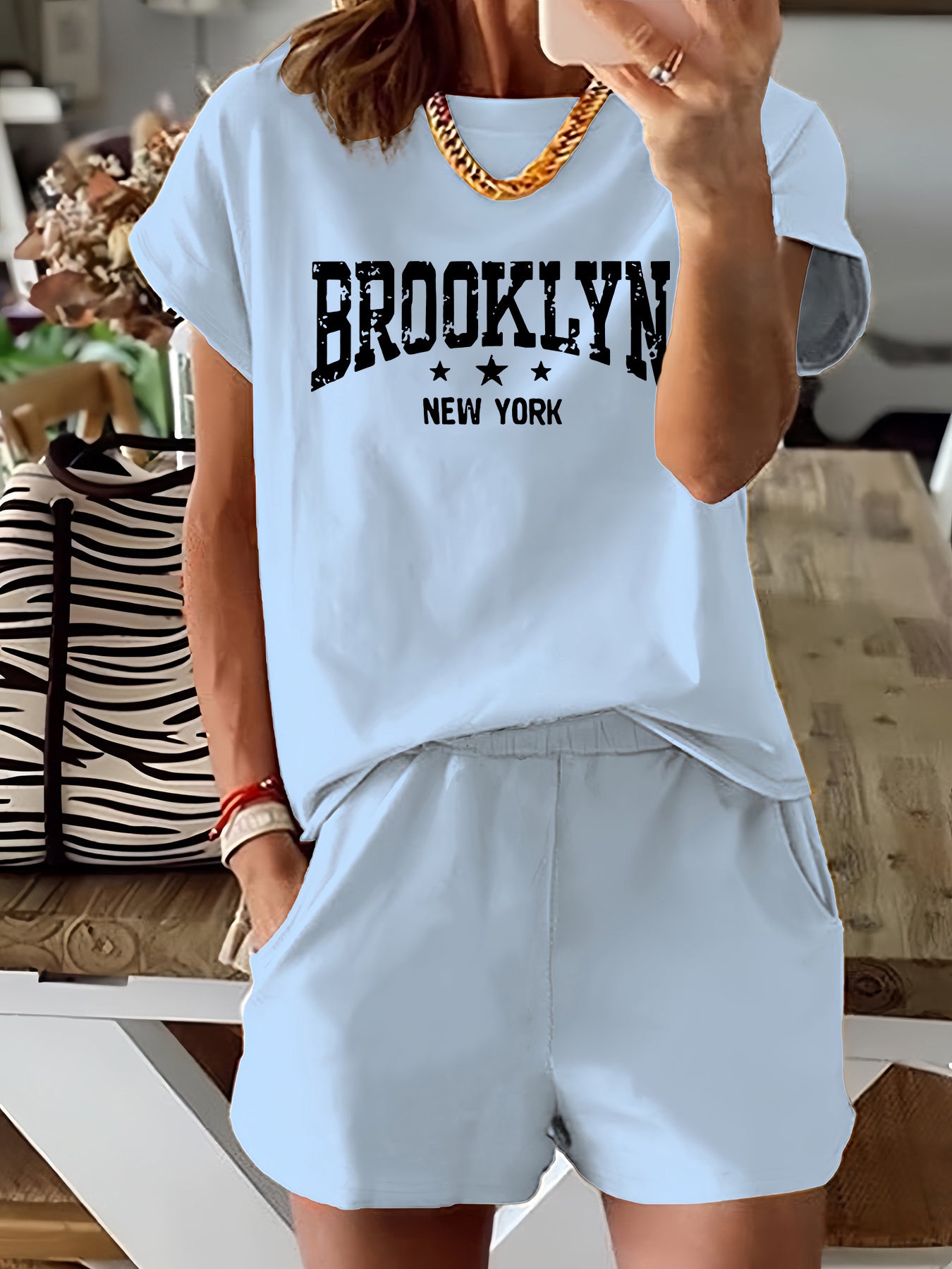 Brooklyn Letter Print Casual T-shirts &amp; Shorts հավաքածու կանանց համար՝ ձգվող պոլիեսթեր խառնուրդ, լվացվող մեքենայում