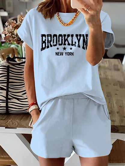 Brooklyn Letter Print Casual T-shirts &amp; Shorts հավաքածու կանանց համար՝ ձգվող պոլիեսթեր խառնուրդ, լվացվող մեքենայում