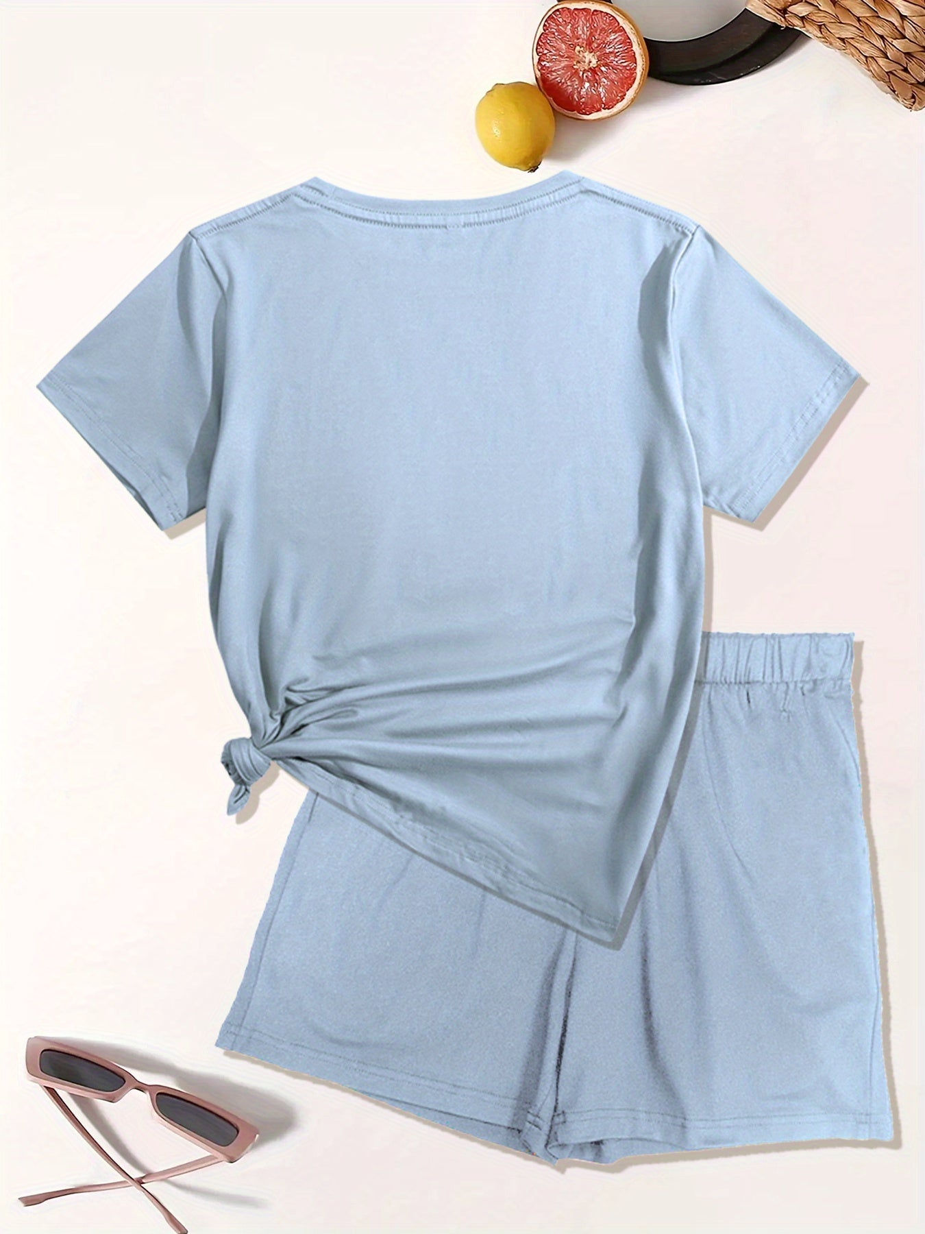 Brooklyn Letter Print Casual T-shirts &amp; Shorts հավաքածու կանանց համար՝ ձգվող պոլիեսթեր խառնուրդ, լվացվող մեքենայում