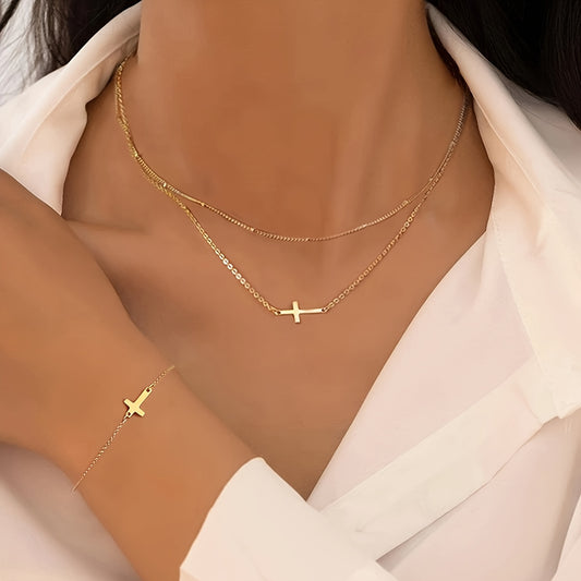 3pcs/set Simple Cross Necklace Bracelet for Women, Holiday Party Date, Gift for Best Friend, Classmate, Christmas, Valentine's Day, Daily Matching