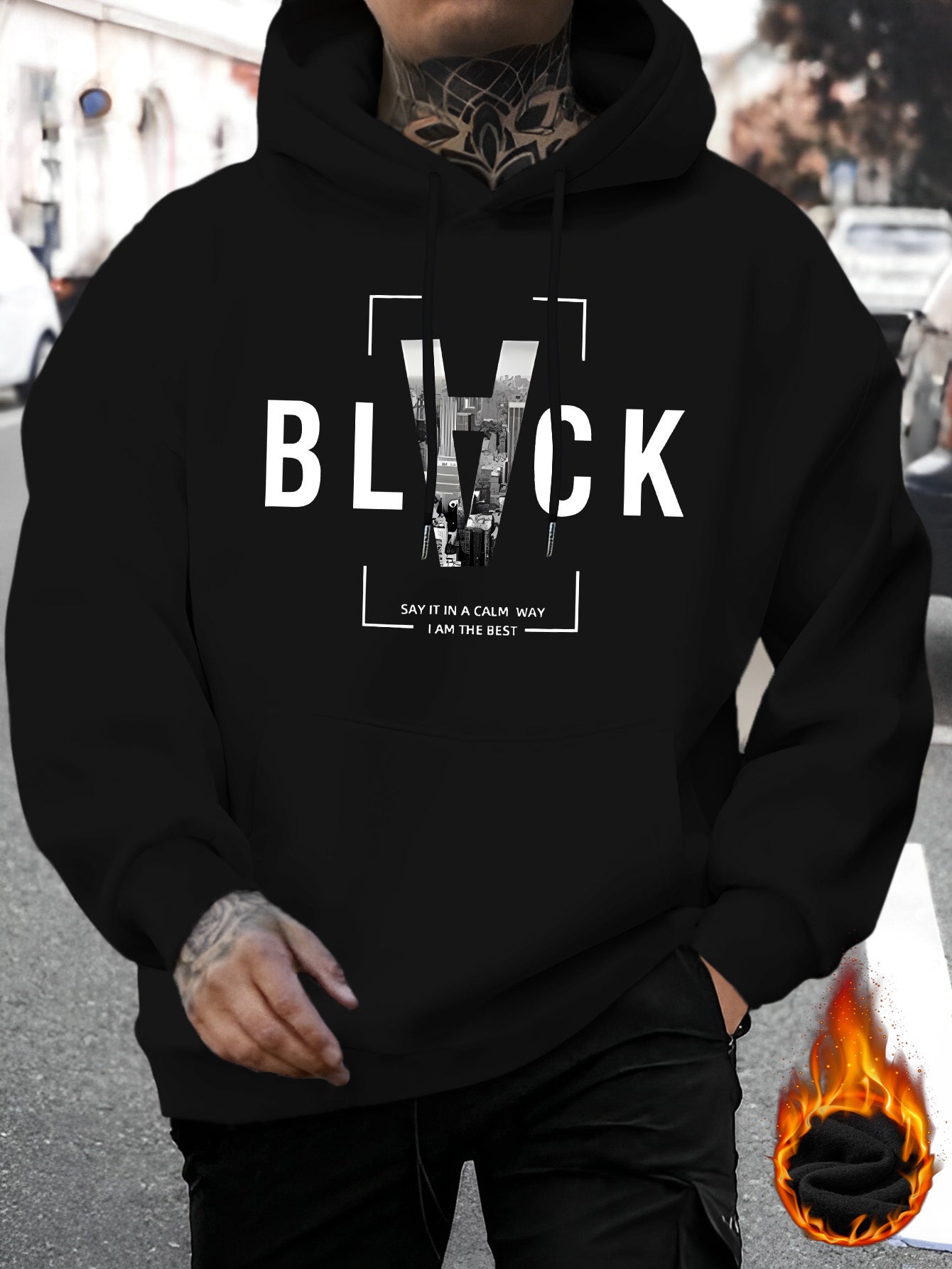 Spring and Summer Men's New Style BLACK SAY IN A CALM WAY IAM THE BEST Letter Print Casual Hoodie Fashion Drawstring Hoodie Autumn and Winter Top Comfortable and Versatile Long Sleeve Hoodie with Hat (Niu Wang Selection)