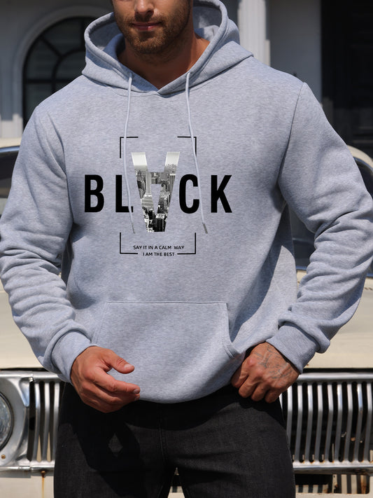 Spring and Summer Men's New Style BLACK SAY IN A CALM WAY IAM THE BEST Letter Print Casual Hoodie Fashion Drawstring Hoodie Autumn and Winter Top Comfortable and Versatile Long Sleeve Hoodie with Hat (Niu Wang Selection)
