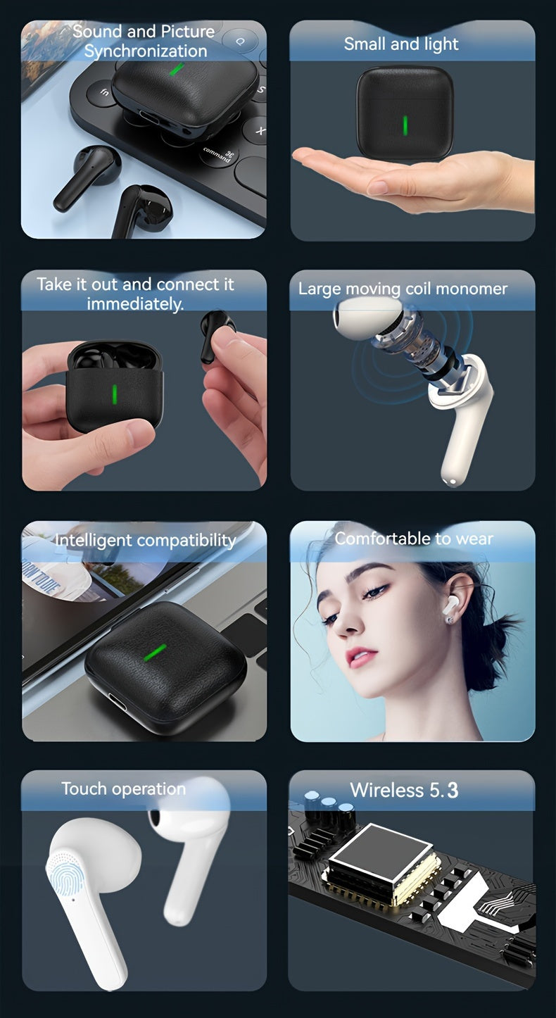 Introducing The Latest Wireless Earbuds with an Exceptionally Long Battery Life - Compact Dual Stereo In-Ear Headphones Designed for Sports And Gaming, Featuring USB Charging And Noise Cancellation for Calls.