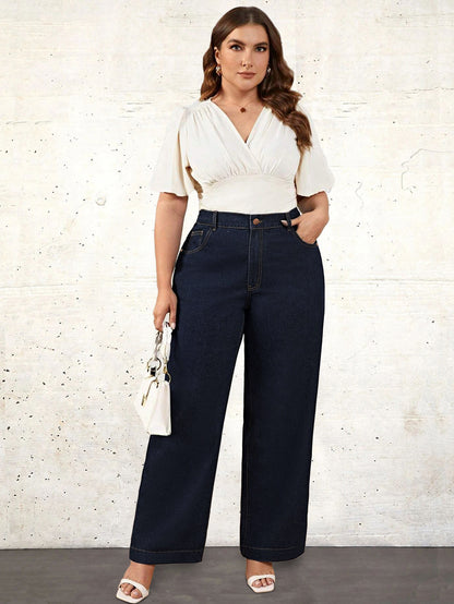 K.1978 Women'S Plus Size Casual Denim Jeans, 68.5% 25.7% Polyester 4.3% Viscose 1.5% Elastane, Medium Stretch, Միաձույլ գույն, Երկար երկարություն, Zipper Fly, Ուղիղ ծայր, Բոլոր սեզոնային լայն ոտքերի շալվարը կտրատած գրպաններով