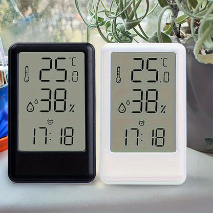 1pc Modern White Digital Temperature & Humidity Monitor with Large LCD Screen, High-Precision Room Thermometer for Desk or Wall, 12/24H Time Display, Battery-Powered (AAA Battery Not Included) – Ideal for Bedroom, Kitchen,