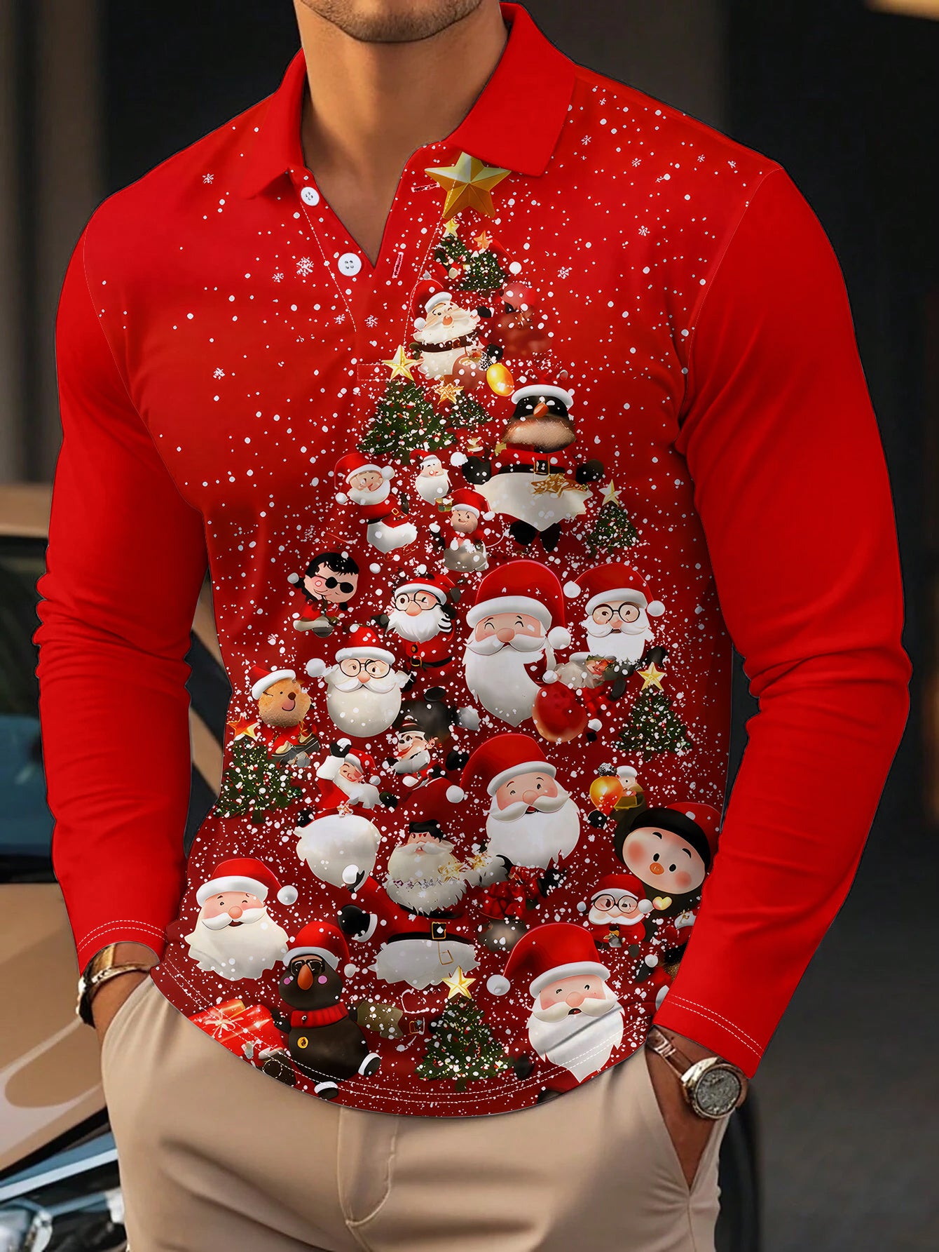 Men's Christmas Santa Claus Tree Shirt - Long Sleeve Button-Up Holiday Party Outfit with Santa Faces - Machine Washable Red Christmas Attire for Office, Home, and Gifts - Festive Casual Tops for Adults, Christmas Garland, Sea