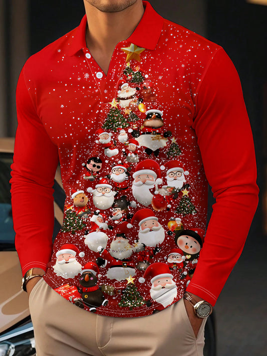 Men's Christmas Santa Claus Tree Shirt - Long Sleeve Button-Up Holiday Party Outfit with Santa Faces - Machine Washable Red Christmas Attire for Office, Home, and Gifts - Festive Casual Tops for Adults, Christmas Garland, Sea