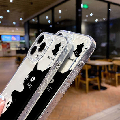 1pc Cartoon Cute Black Cat Space Phone Case for Iphone 16 15 14 13 12 11 Pro Max XS XR X 7 8 Plus SE 2022 Transparent Protective Case