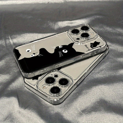 1pc Cartoon Cute Black Cat Space Phone Case for Iphone 16 15 14 13 12 11 Pro Max XS XR X 7 8 Plus SE 2022 Transparent Protective Case