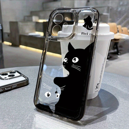 1pc Cartoon Cute Black Cat Space Phone Case for Iphone 16 15 14 13 12 11 Pro Max XS XR X 7 8 Plus SE 2022 Transparent Protective Case