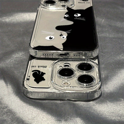 1pc Cartoon Cute Black Cat Space Phone Case for Iphone 16 15 14 13 12 11 Pro Max XS XR X 7 8 Plus SE 2022 Transparent Protective Case