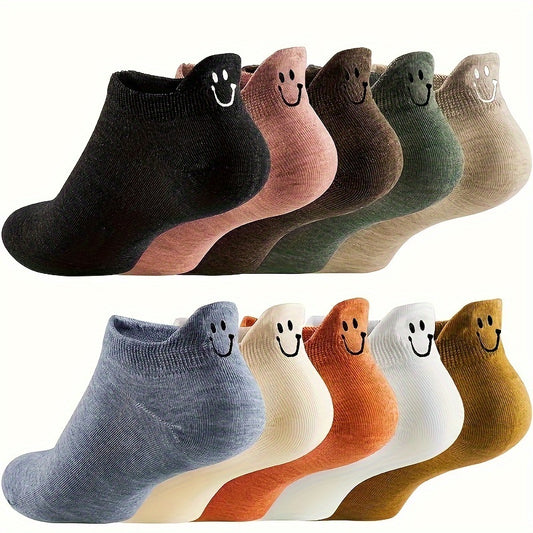 10 Pairs of Cute joyful Face Short Socks, Simple and Breathable, Women's Low-Top Socks, Suitable for Spring and Autumn, Suitable for School and Shopping