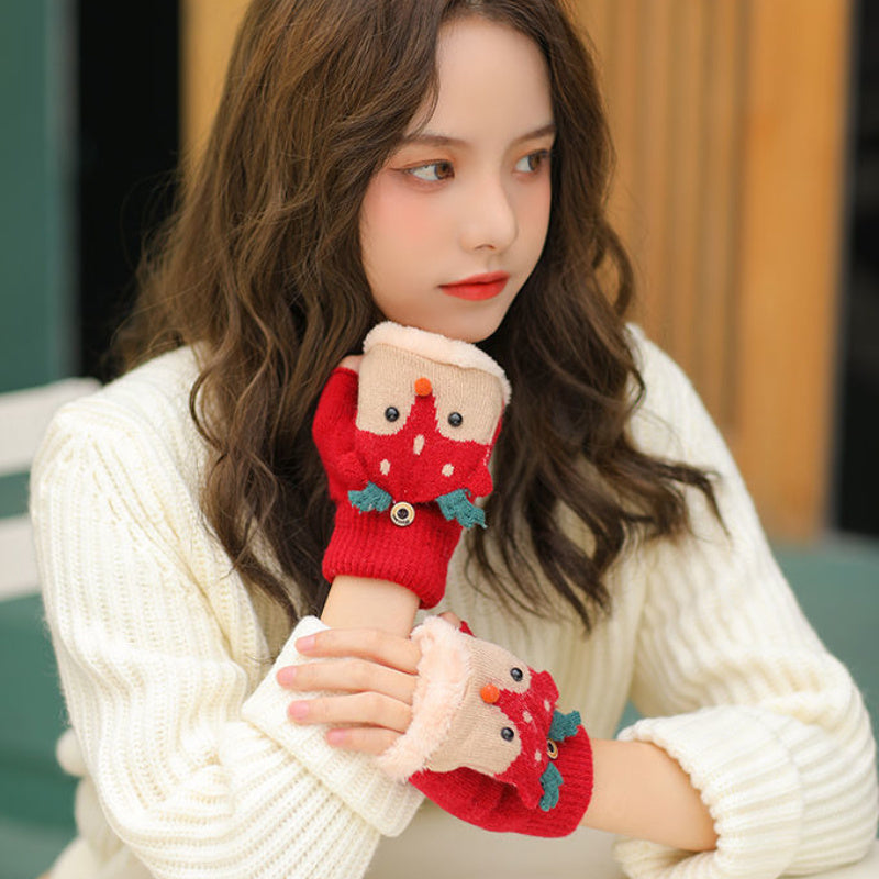 Կանացի Սուրբ Ծննդյան եղջերուի տեսքով շրջվող ձեռնոցներ - հաստ տաք ձմեռային ձեռնոցներ տոնական ձյան փաթիլի և եղջերուի նախշերով, ոչ առաձգական՝ ներսի/դրսի օգտագործման համար, ձեռքով լվացման/քիմմաքրման, տոնական արտաքին հագուստի համար, տաք գործվածք