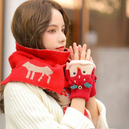 Կանացի Սուրբ Ծննդյան եղջերուի տեսքով շրջվող ձեռնոցներ - հաստ տաք ձմեռային ձեռնոցներ տոնական ձյան փաթիլի և եղջերուի նախշերով, ոչ առաձգական՝ ներսի/դրսի օգտագործման համար, ձեռքով լվացման/քիմմաքրման, տոնական արտաքին հագուստի համար, տաք գործվածք