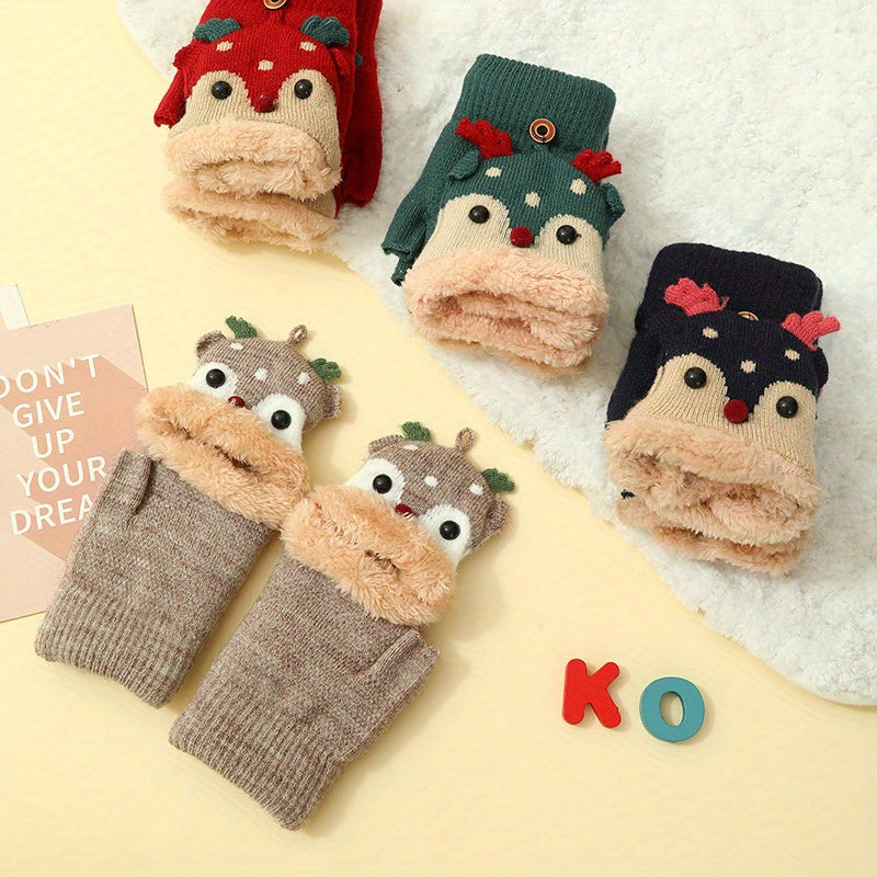 Կանացի Սուրբ Ծննդյան եղջերուի տեսքով շրջվող ձեռնոցներ - հաստ տաք ձմեռային ձեռնոցներ տոնական ձյան փաթիլի և եղջերուի նախշերով, ոչ առաձգական՝ ներսի/դրսի օգտագործման համար, ձեռքով լվացման/քիմմաքրման, տոնական արտաքին հագուստի համար, տաք գործվածք