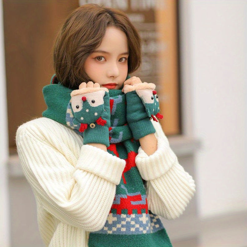 Կանացի Սուրբ Ծննդյան եղջերուի տեսքով շրջվող ձեռնոցներ - հաստ տաք ձմեռային ձեռնոցներ տոնական ձյան փաթիլի և եղջերուի նախշերով, ոչ առաձգական՝ ներսի/դրսի օգտագործման համար, ձեռքով լվացման/քիմմաքրման, տոնական արտաքին հագուստի համար, տաք գործվածք