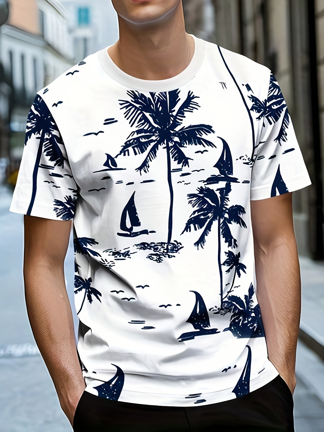 Men'S Quick-Dry Tropical Palm Tree Print T-Shirt - Breathable Round Neck Casual Tee for Summer, Outdoor  Daily Wear, Lightweight  Comfortable Fit, Outdoor Tshirt   Tropical Print Shirt   Comfortable Fit