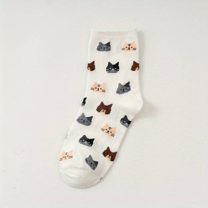 5 Pairs of Colorful Cute Animal Pattern Women's Casual Socks Cat Print Comfortable Breathable Fashion All-matching Autumn and Winter
