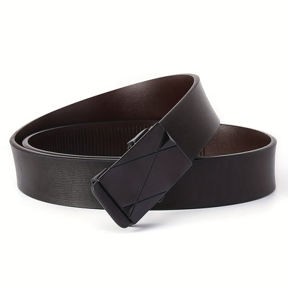 Men's Luxury Automatic Buckle Faux Leather Belt - Sleek Black with Golden Geometric Buckle, Business Casual Style, Adjustable Fit for Comfort, Business Casual Accessory | Sophisticated Belt Design | Sleek Black Finish