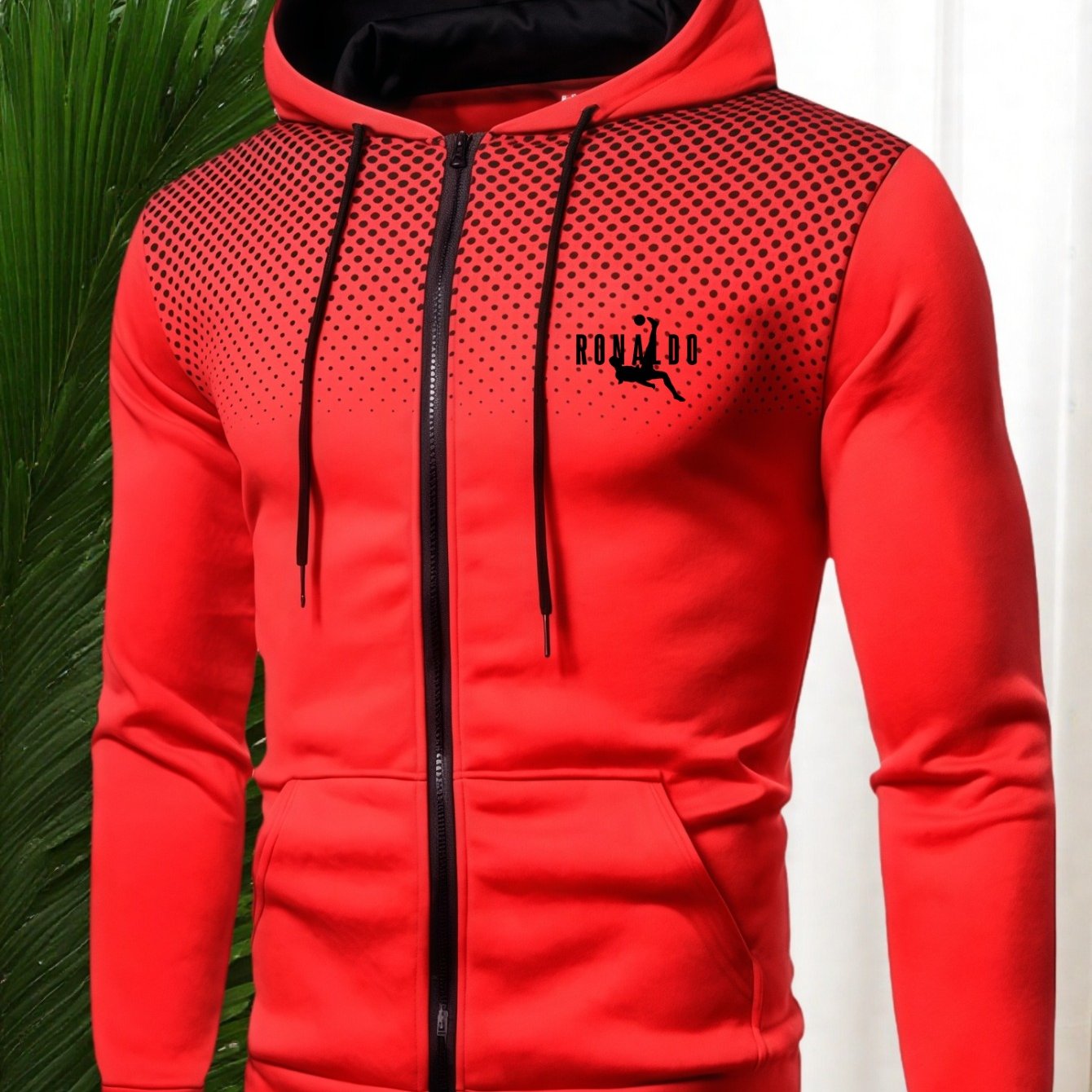 Men's Red Hooded Zip-Up Jacket with Logo Patch Pocket - Logo Personalization, Full-Zip Front Closure, Hooded Collar & Black Zipper - Casual Sportswear Winter Coat for Gym,, Streetwear () - Logo Printing Service, Mens Clothes,