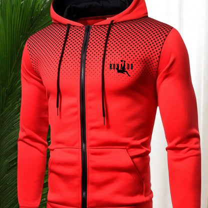 Men's Red Hooded Zip-Up Jacket with Logo Patch Pocket - Logo Personalization, Full-Zip Front Closure, Hooded Collar & Black Zipper - Casual Sportswear Winter Coat for Gym,, Streetwear () - Logo Printing Service, Mens Clothes,