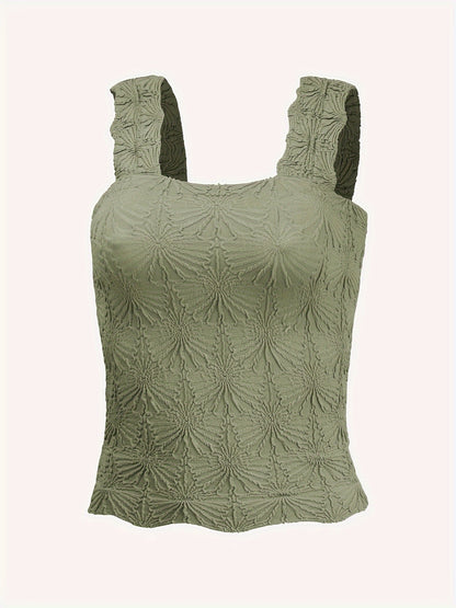 Women's Fashion Cami Tank Top With Jacquard Floral, Wide Shoulder Strap Square Neck Tank Top, Women's Activewear