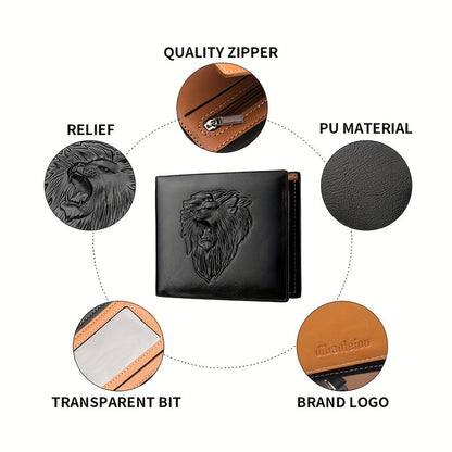1pc Men's Lion 3D Embossed Pattern Wallet, Business PU Leather Wallet