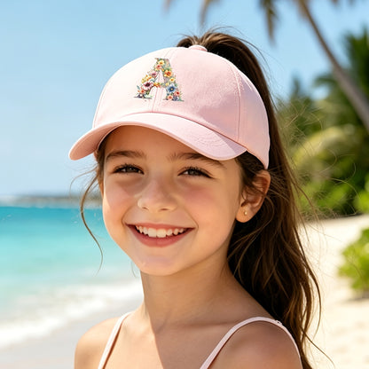 Adjustable Pink Baseball Cap for Kids with Floral Alphabet Design