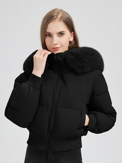 Women'S Winter Jacket - Elegant Short Coat with Detachable Hood, Zippered Pockets, Warm Outerwear for Cold Weather, Office, Parties, Everyday - Chic Winter Clothing for Women, Party Wear, Sleek Design, Cozy Lining, Fashioncon