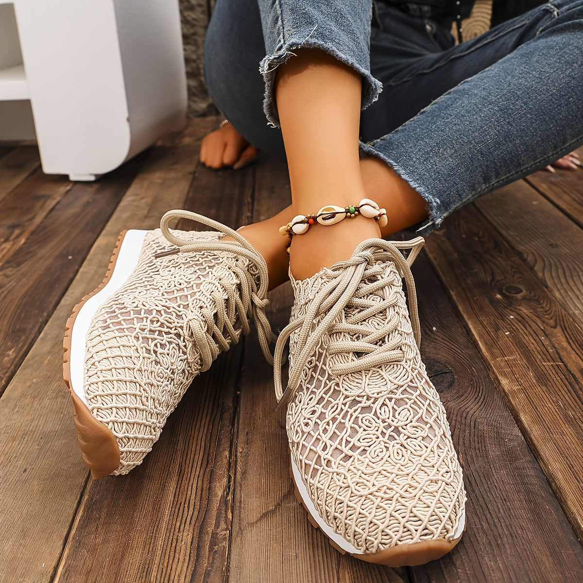 Women's Summer Solid Color Lace-Up Mesh Casual Shoes, Breathable Fabric with Rubber Sole, Net Fabric