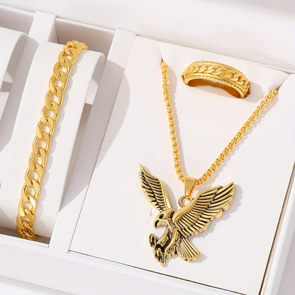 3 հատ «Արծվի գլուխ» կախազարդով ոսկեգույն արծաթափայլ վզնոցի հավաքածու, հաստ շղթա + մատանի 3 հատ հավաքածու, տղամարդկանց թեթև շքեղ նվեր