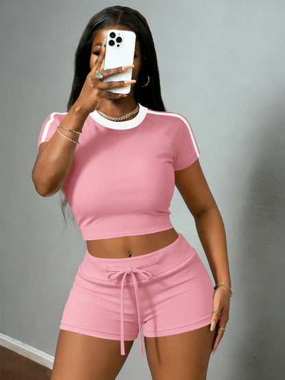 Women's Casual Crop T-Shirt & High-Waist Drawstring Shorts Set