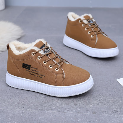 Կանացի ձմեռային ձնագնացքներ - Կաշվեանման օձիքով և փափուկ ներդիրով - Չսահող PVC ներբան, հաստ տաք շագանակագույն/բեժ արհեստական վերնամաս - ս/ Համատեղելի է սառույցի, ձյան, ցեխի համար - Ցուրտ եղանակի ճանապարհային կցում