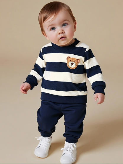Baby Boy Fall Winter Striped Velvet Sweatshirt and Pants Set