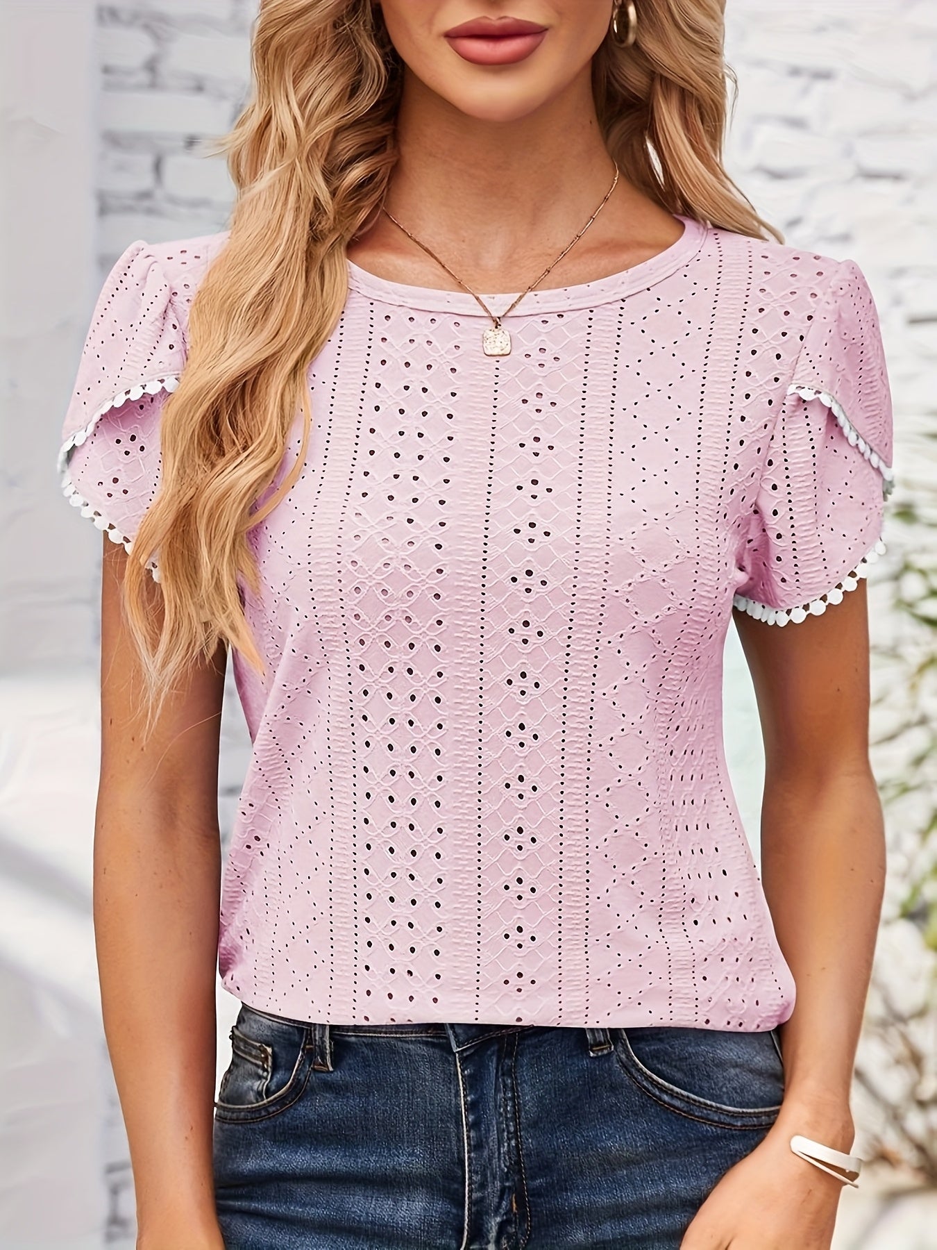 Women'S Elegant Blouse - Soft Pink Round Neck T-Shirt with Floral-like eyelet details, Breathable Loose Fit Top for Casual & Formal Outfits - Everyday Summer Shirt for Women, Ladies T Shirts, Versatile Clothing, Feminine Styl