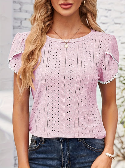 Women'S Elegant Blouse - Soft Pink Round Neck T-Shirt with Floral-like eyelet details, Breathable Loose Fit Top for Casual & Formal Outfits - Everyday Summer Shirt for Women, Ladies T Shirts, Versatile Clothing, Feminine Styl