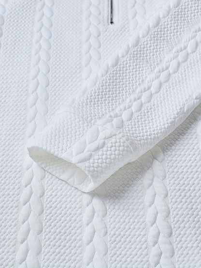 CLQWE Men's White Cable- Jacket with Collar & Brown Button Panel - Half-Zip Long Sleeve Blazer, Machine Washable Winter Coat for Casual & Formal Wear, Tailored Fit (No Belt)