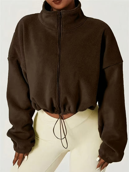 Women'S Casual Zippered Front Drawstring Hem Jacket - High-Neck Long Sleeve with Pockets, All-Season Comfort, Machine Washable, Versatile for Casual Attire, Casual Wear Jacket | Highneck Jacket | Zippered Jacket