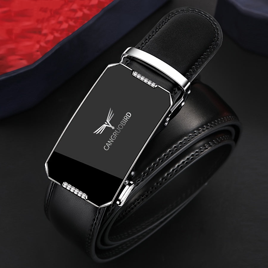 1pc Men'S Adjustable Automatic Buckle Belt - Sleek Black Faux Leather, Alloy Buckle, Stylish for Business & Casual Attire