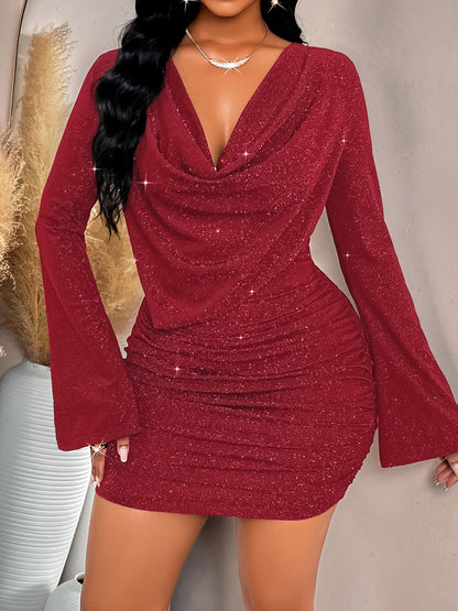 Sexy V-Neck Bell Sleeve Bodycon Dress | Solid Color with Bow Details, and Flattering for Fall/Winter