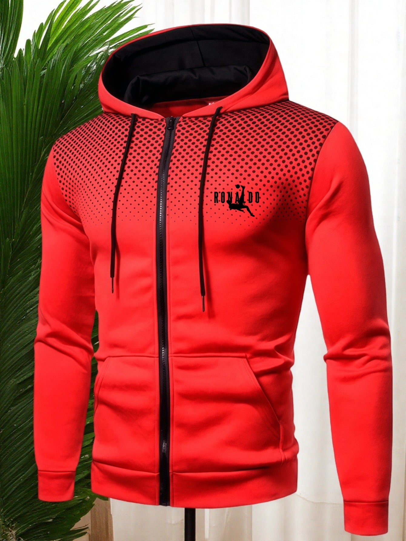 Men's Red Hooded Zip-Up Jacket with Logo Patch Pocket - Logo Personalization, Full-Zip Front Closure, Hooded Collar & Black Zipper - Casual Sportswear Winter Coat for Gym,, Streetwear () - Logo Printing Service, Mens Clothes,