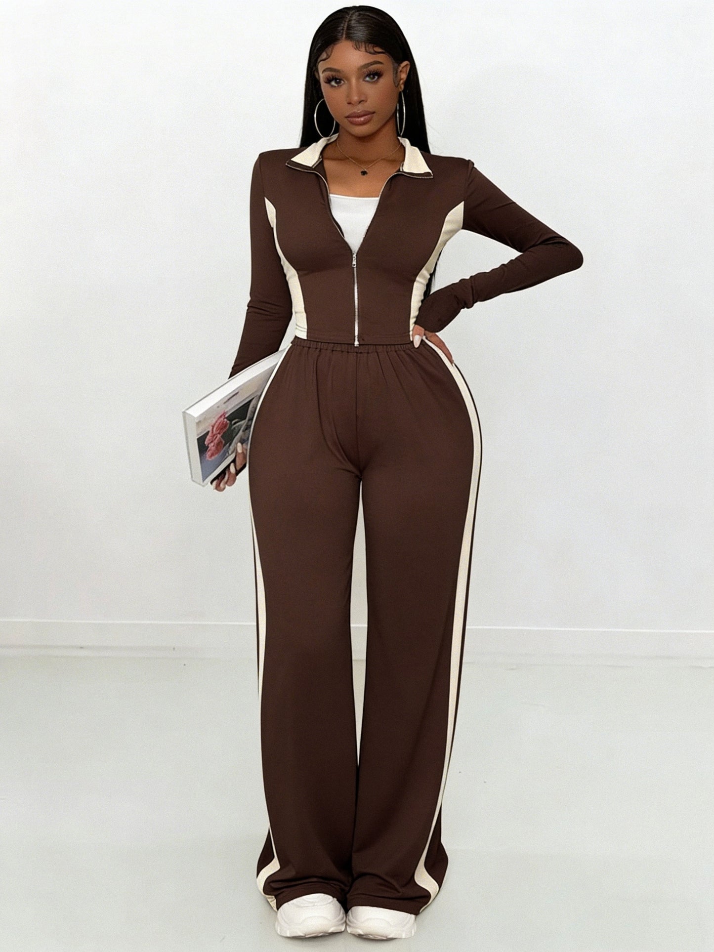 Women's Fashion Two-Piece Set, Stylish and Versatile Brown and White Contrast Color Slim-Fit Zip-Up Top + Side Stripe Pants Set - ayq