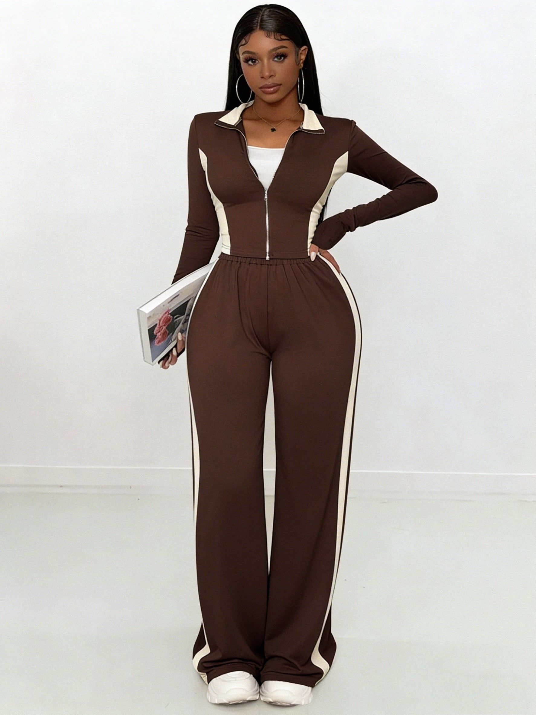 Women's Fashion Two-Piece Set, Stylish and Versatile Brown and White Contrast Color Slim-Fit Zip-Up Top + Side Stripe Pants Set - ayq