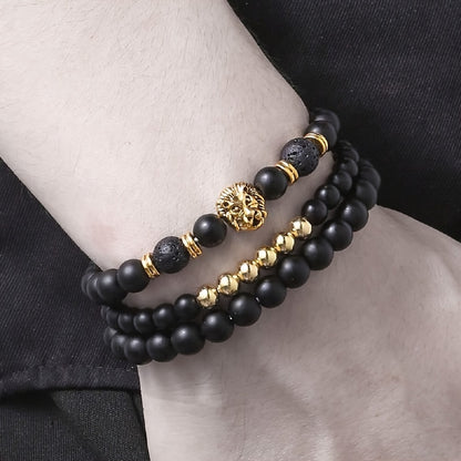3pcs Retro Punk Style Lion Head Bracelets, Men's Stretchy Beaded Bracelets Set