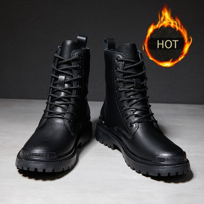 High-End Fashionable Outdoor Casual Men'S Boots for Autumn And Winter, Classic Black Versatile Men'S Boots with Fleece, Genuine Leather Work Shoes for Men.