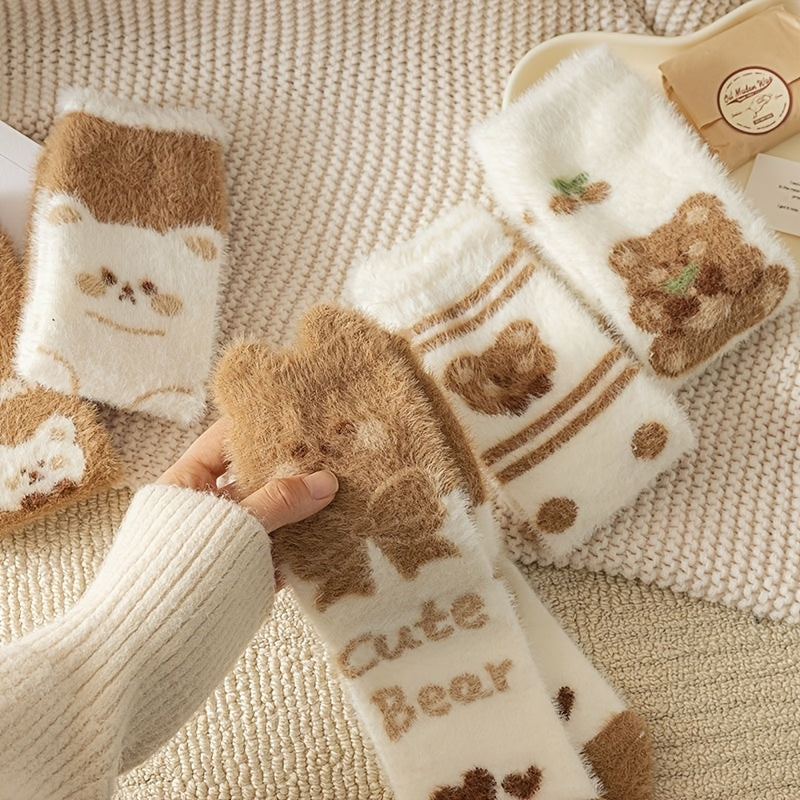 5 Pairs Women'S Cozy Fleece-Lined Mid-Calf Socks with Adorable Cartoon Bear Design - Thick, Warm, Breathable, and Soft for Home Comfort, Perfect for Fall and Winter, Cozy Home Wear | Playful Sock Design | Soft Fleece Lining,