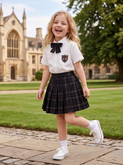 Girls' Preppy JK Style Plaid Set with Bow Tie & Pleated Skirt