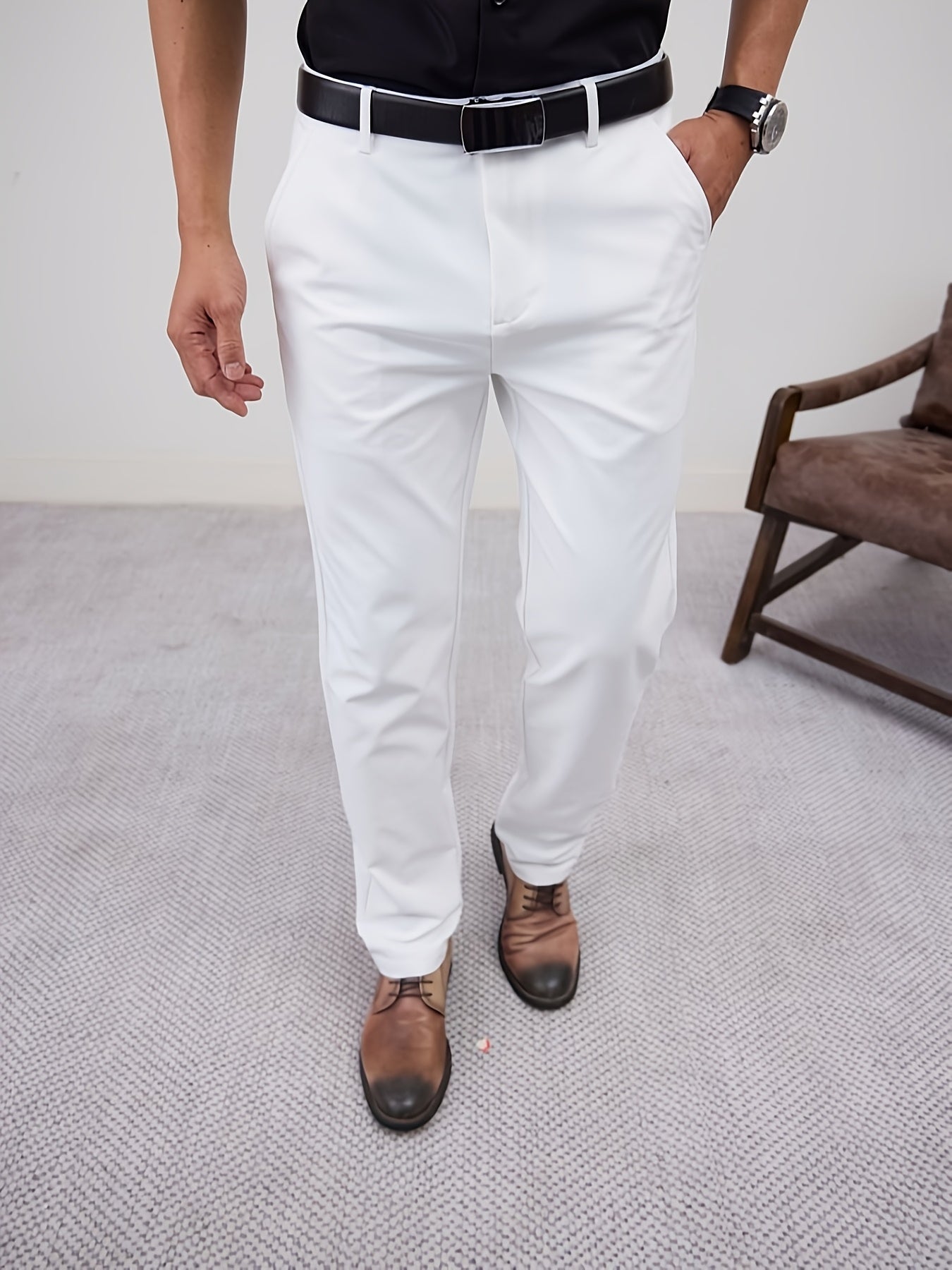 Men'S Casual Solid Color Regular Length Slight Stretch Woven Fabric Pants for Adult