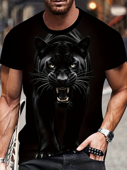 Men's 3D Animal Print T-Shirt, Black Leopard Pattern, New Fashion Trendy Casual Comfortable Tee, Stylish Short Sleeve Top for Summer Daily Wear