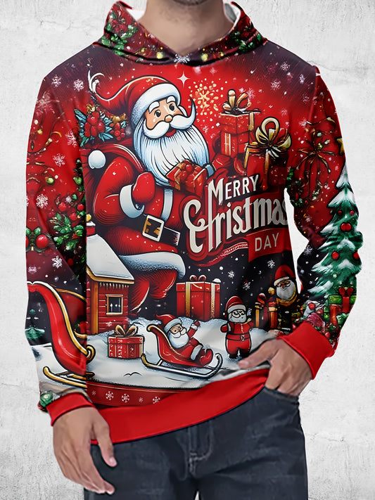 Men'S 3D Digital Print Hoodie - Festive Santa Claus & Christmas Tree Design, Red Casual Pullover with "Merry Christmas" Text, Long Sleeve, Regular Fit, Perfect for Holiday Celebrations, Christmas Hoodie